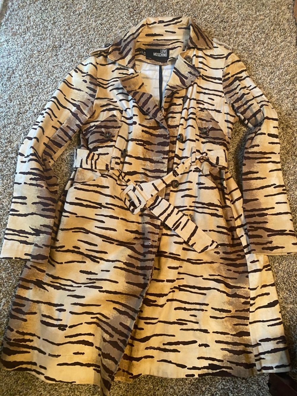 Love Moschino Beige & Brown Striped Tiger-Print Trench Coat Double Breasted Belt